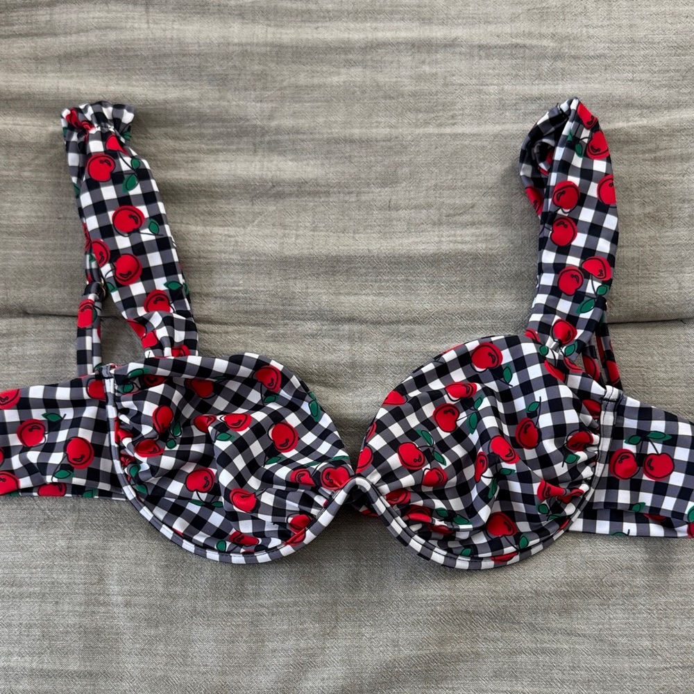 Cherry Print Black and White Bikini Top